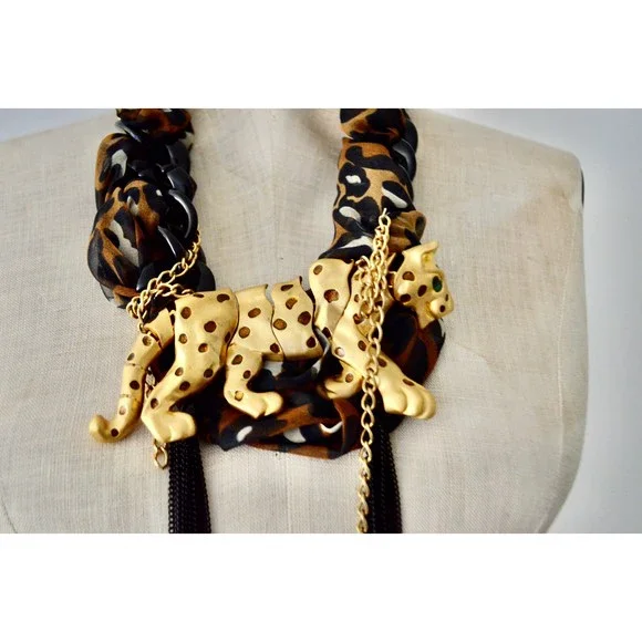 Articulated Leopard Pendant Necklace Scarf Black Acrylic Link Chain and Tassels